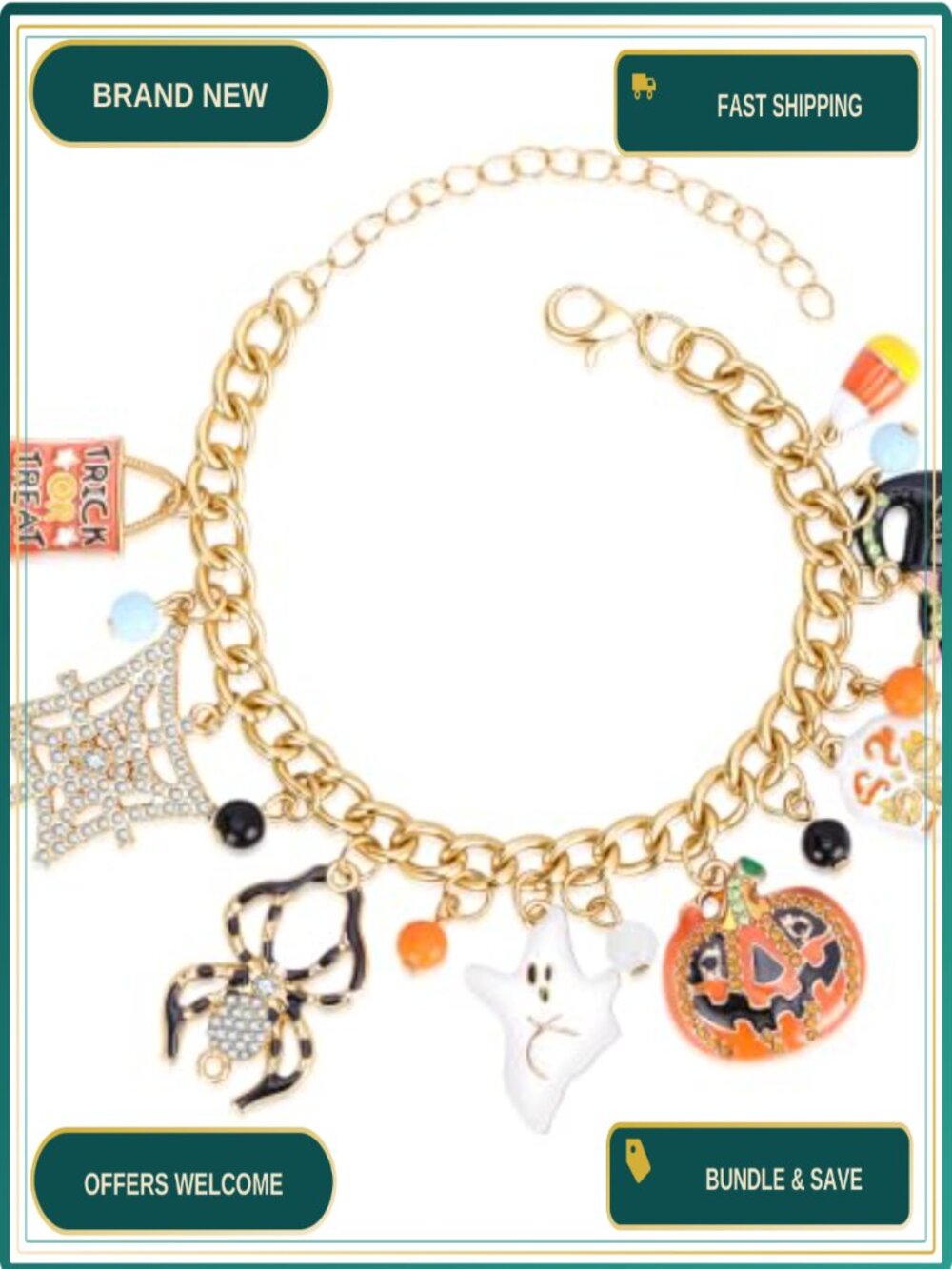 Halloween Charm Bracelet Gold Tone Multi Charm Ghost Pumpkin Spider